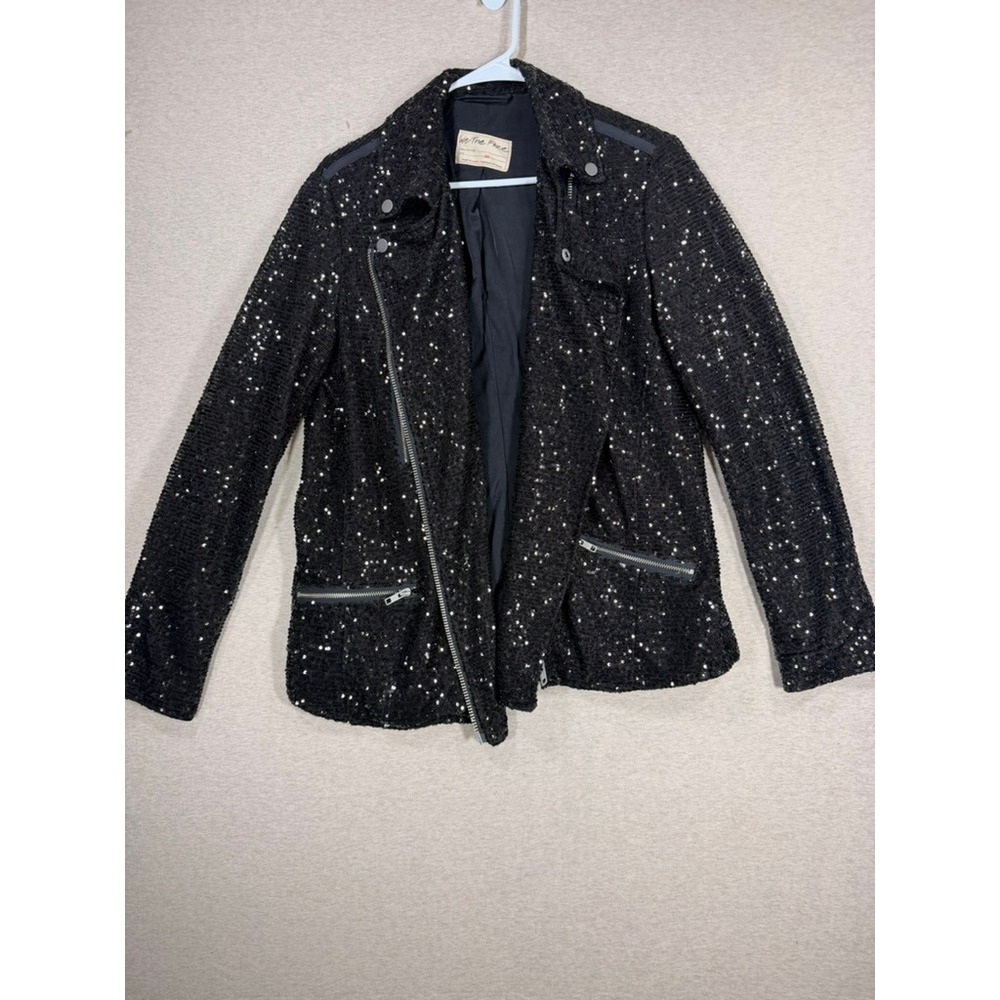 We The Free Moto Jacket Womens XS Black Excellent Sequin Asymmetrical Zip Glam
